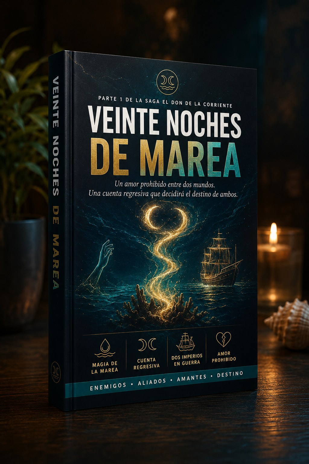 Portada de Veinte Noches de Marea, novela romantasy de Educando Mentes
